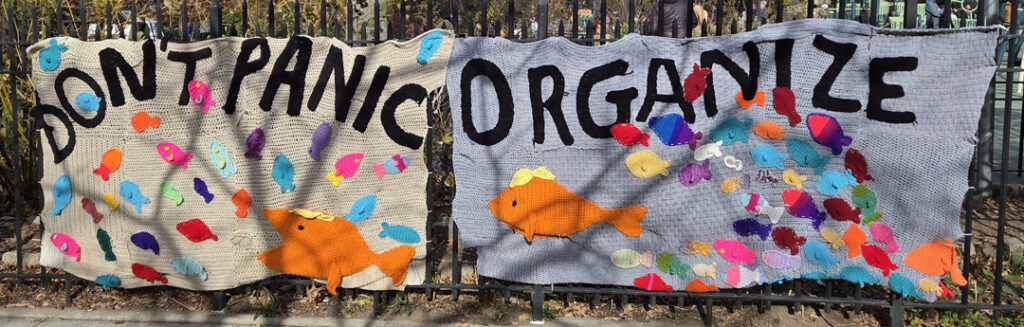 A crocheted group project depicting fish
